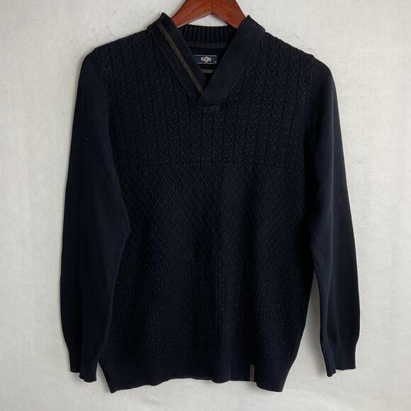 Kigili Mens Pullover Cable Knit V Neck Sweater Wool Cotton Blend Navy Medium - Picture 2 of 12